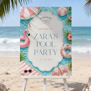 Modèle de plaque de bienvenue à la piscine, décoration de fête d'anniversaire de piscine d'été, enseigne de fête à la piscine flamant rose, affiche de bienvenue modifiable en toile