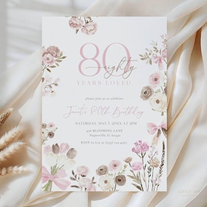 May include: An 80th birthday invitation with floral accents. The invitation features the text "80 Years Loved" in a soft pink hue, with details including the date, time, and location. The design includes watercolor flowers and bows.