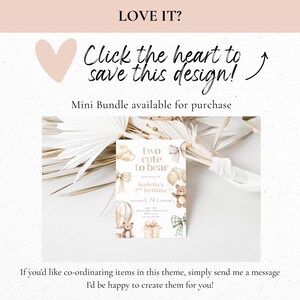 May include: A birthday invitation card with a teddy bear theme. The card features the text "two cute to bear" and details for Isabella's 2nd birthday. The design includes illustrations of teddy bears, balloons, and gifts.