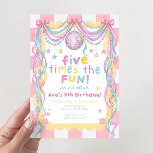 May include: A rectangular birthday invitation card featuring a pink and white striped background. The design includes pastel ribbons, beaded garlands, and a central disco ball. Text reads: five times the FUN! join us to celebrate Ava's 5th Birthday!