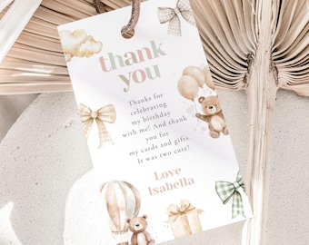 Two Cute to Bear Thank You Card, Bear Birthday Thank You Printable, 2nd Birthday Bear Party, Editable Canva Teddy Theme