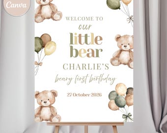 Little Bear Birthday Welcome Sign Template – Editable Canva Printable 18x24” – Beary First Birthday Party Decoration, Neutral Green & Brown