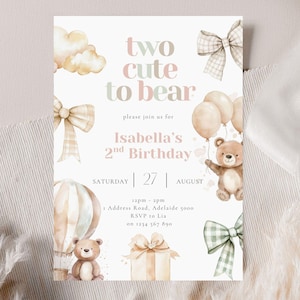 Two Cute to Bear Birthday Invitation, 2nd Bear Party Invite, Editable Template for Toddler Girl, Printable 2nd Birthday Invitation Download image 1