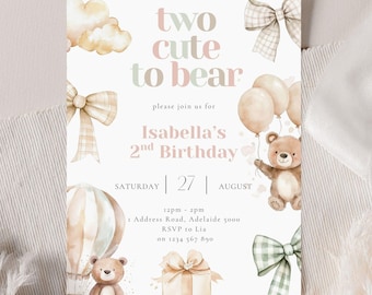 Two Cute to Bear Birthday Invitation, 2nd Bear Party Invite, Editable Template for Toddler Girl, Printable 2nd Birthday Invitation Download