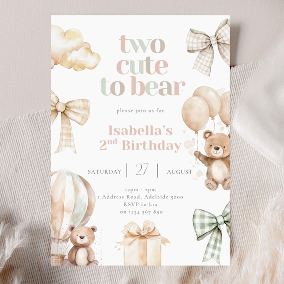Two Cute to Bear Birthday Invitation, 2nd Bear Party Invite, Editable Template for Toddler Girl, Printable 2nd Birthday Invitation Download