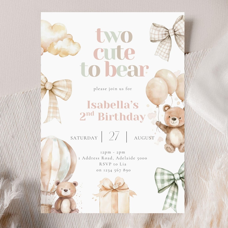 Two Cute to Bear Birthday Invitation, 2nd Bear Party Invite, Editable Template for Toddler Girl, Printable 2nd Birthday Invitation Download image 1