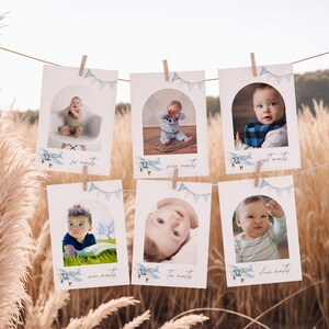 Bearbeitbares Flugzeug Erster Geburtstag Foto Banner | Baby Meilenstein Girlande | 12 Monate Fotoanzeige | Canva Vorlage