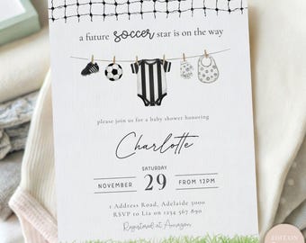Soccer Baby Shower Invitation: Clothesline Theme (Editable Canva Digital Download)