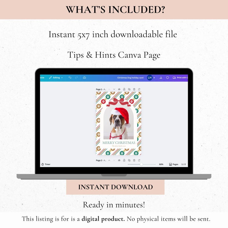 Op de afbeelding: Een laptop toont een kerstvakantiekaart voor honden. De kaart toont een Sint-Bernardus met een kerstmuts, met de tekst "MERRY CHRISTMAS". Het ontwerp bevat pootafdrukken en decoratieve elementen. De downloadbare bestand is 12,7 x 17,8 cm.