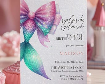 Editable Mermaid Birthday Invitation: Watercolor Bow Tail (Canva Download)