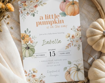 Kürbis-Babyparty-Einladung: Bearbeitbare Herbstthema-Vorlage (5 x 7 in Canva Digital Download)