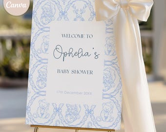 Blue Vintage Christmas Baby Shower Welcome Sign: Bear, Santa (A1, 18x24, 24x36 size Canva Download) Editable Holiday Poster Sign