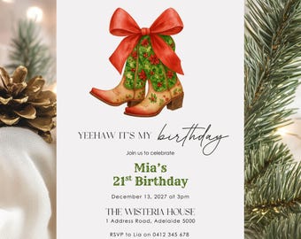 Christmas Cowgirl Birthday Invitation: Editable Holiday Rodeo Party Invite (5x7in Canva Digital Download)