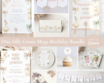Silly Goose 1歳の誕生日招待状バンドル：編集可能なパーティーセット（デジタルダウンロード）