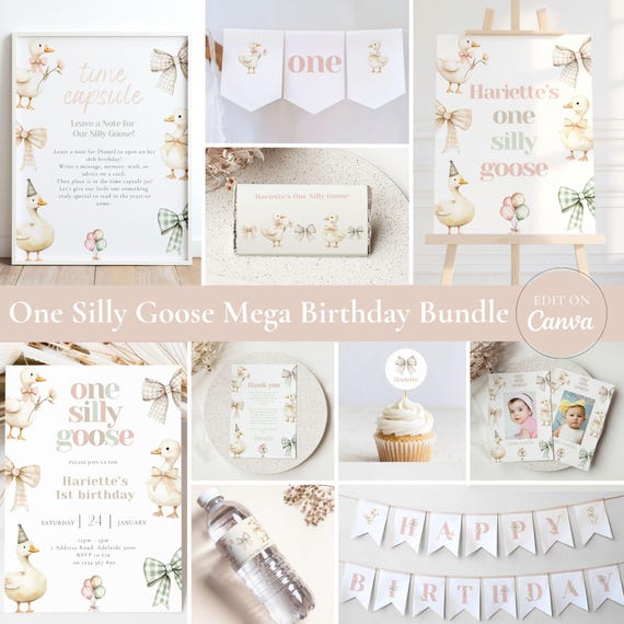 One Silly Goose 1st Birthday Invitation Bundle: Editable Party Set (Digital Download)