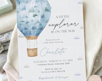 Hot Air Balloon Baby Shower Invitation: Little Explorer Theme (Editable Canva 5x7in Digital Download)