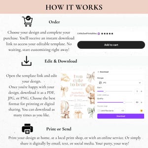 May include: A graphic showing the steps to download a digital template. The steps include ordering, editing, and downloading the design. The image includes the text "two cute to bear" and "Isabella's 2nd Birthday".