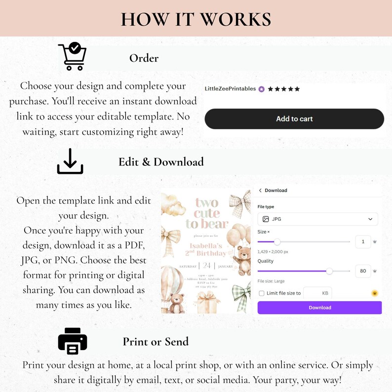May include: A graphic showing the steps to download a digital template. The steps include ordering, editing, and downloading the design. The image includes the text "two cute to bear" and "Isabella's 2nd Birthday".