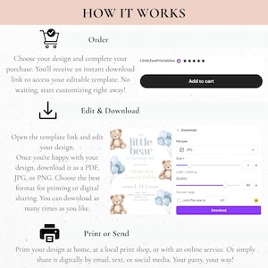 May include: A digital template design with instructions on how to order, edit, and download. The design features a teddy bear and balloons, with the text "Our Little Bear is Turning One." Includes options for JPG, PDF, and PNG formats.