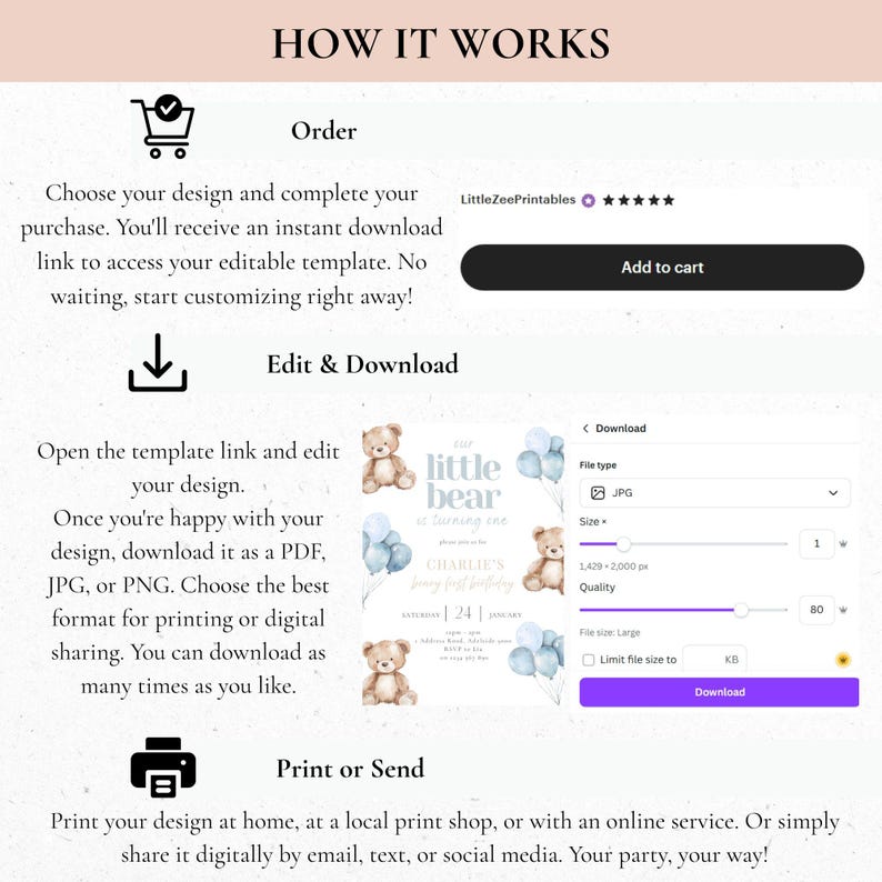 May include: A digital template design with instructions on how to order, edit, and download. The design features a teddy bear and balloons, with the text "Our Little Bear is Turning One." Includes options for JPG, PDF, and PNG formats.