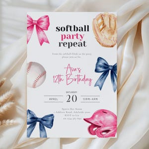 Softball Birthday Invitation Girl, Softball Party Invite, Girls Sports Birthday, Editable Canva Template, Softball Birthday Party