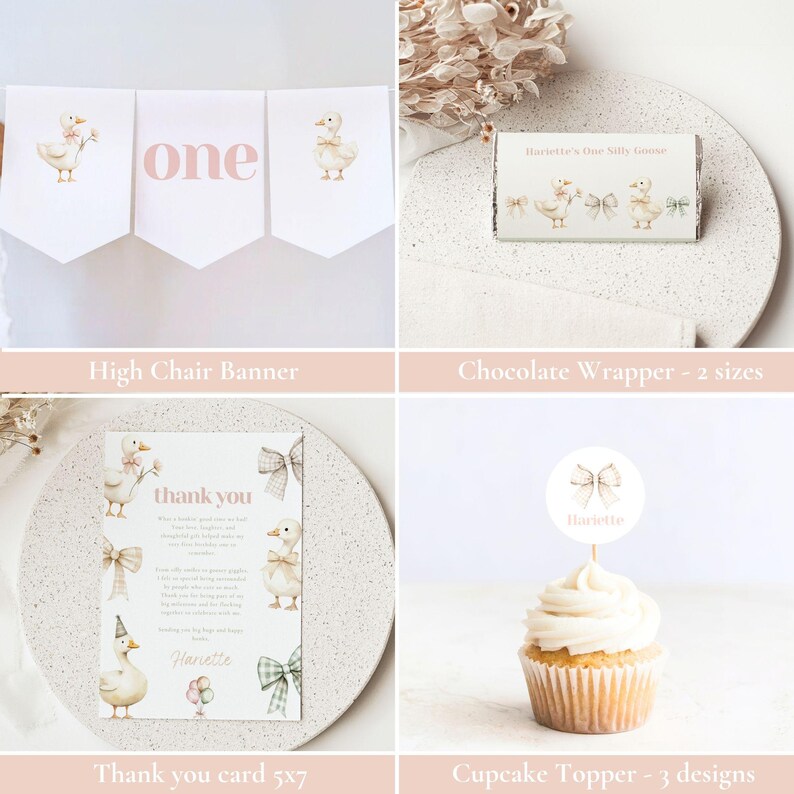 May include: Party supplies with a duck theme. The set includes a high chair banner with the word "one", a chocolate wrapper, a thank you card, and a cupcake topper. The designs feature duck illustrations and bows in watercolour.