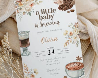 A Baby Is Brewing Invitation, Coffee Baby Shower Invite Template, Editable Baby Shower, Latte Theme Printable, Rustic Neutral Baby Shower