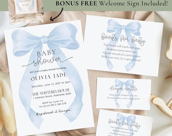 Blue Bow Baby Shower Bundle: Editable Boy Party Set (Invitation, Raffle, Books for Baby, Welcome Sign, Canva Templates)