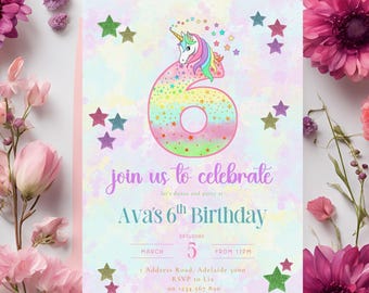 Unicorn 6th Birthday Invitation Template: Rainbow Glitter (Digital Download)