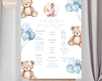 May include: A baby's first year milestone poster, displayed on an easel. The poster includes a baby's photo, teddy bear graphics, and blue balloons. Text details the baby's name, weight (9.5 kg), height (75 cm), and favorite things.