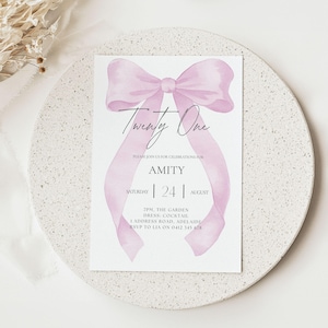Pink Bow 21st Birthday Invitation: Glam Party Canva Template (Digital Download)
