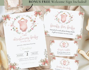 Christmas Baby Shower Bundle: Editable Holiday Invitation, Diaper Raffle, Books for Baby & Welcome Sign (Canva Templates, Instant Download)