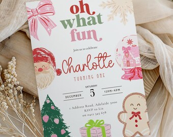 Oh What Fun 1st Birthday Invitation: Editable Christmas Party Invite, Holiday First Birthday Canva Template, Digital Download