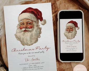 Nostalgic Christmas Party Invitation: Editable Vintage Santa Holiday Invite (5x7in Canva Digital Download)