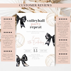 Peut inclure: Une invitation personnalis&eacute;e pour une f&ecirc;te d'anniversaire sur le th&egrave;me du volley-ball avec le texte "volleyball party repeat". L'invitation pr&eacute;sente des n&oelig;uds noirs, des ballons de volley-ball et le texte "Evie's 10th Birthday". La date est le 13 janvier, 12h-16h.