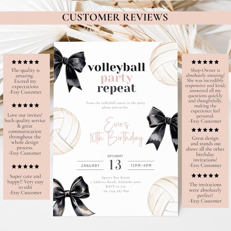 Peut inclure: Une invitation personnalis&eacute;e pour une f&ecirc;te d'anniversaire sur le th&egrave;me du volley-ball avec le texte "volleyball party repeat". L'invitation pr&eacute;sente des n&oelig;uds noirs, des ballons de volley-ball et le texte "Evie's 10th Birthday". La date est le 13 janvier, 12h-16h.