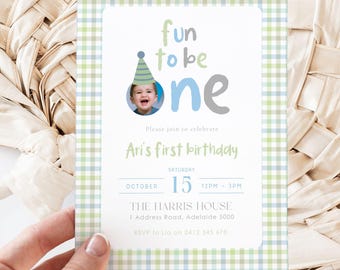 Fun to Be One Birthday Invitation, Boy 1st Birthday Invite, First Birthday Party Invite, Editable Canva Template, Digital Download
