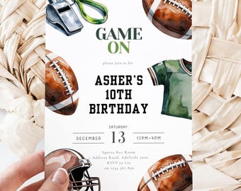 Football Birthday Invitation, Editable American Football Party Invite, Sports Theme, Kids Football Birthday, Instant Download, 10th Party