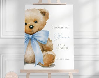 Teddy Bear Baby Shower Welcome Sign, Blue Bear Poster, Baby Shower Sign Printable, Boy Easel Baby Shower Canva Template