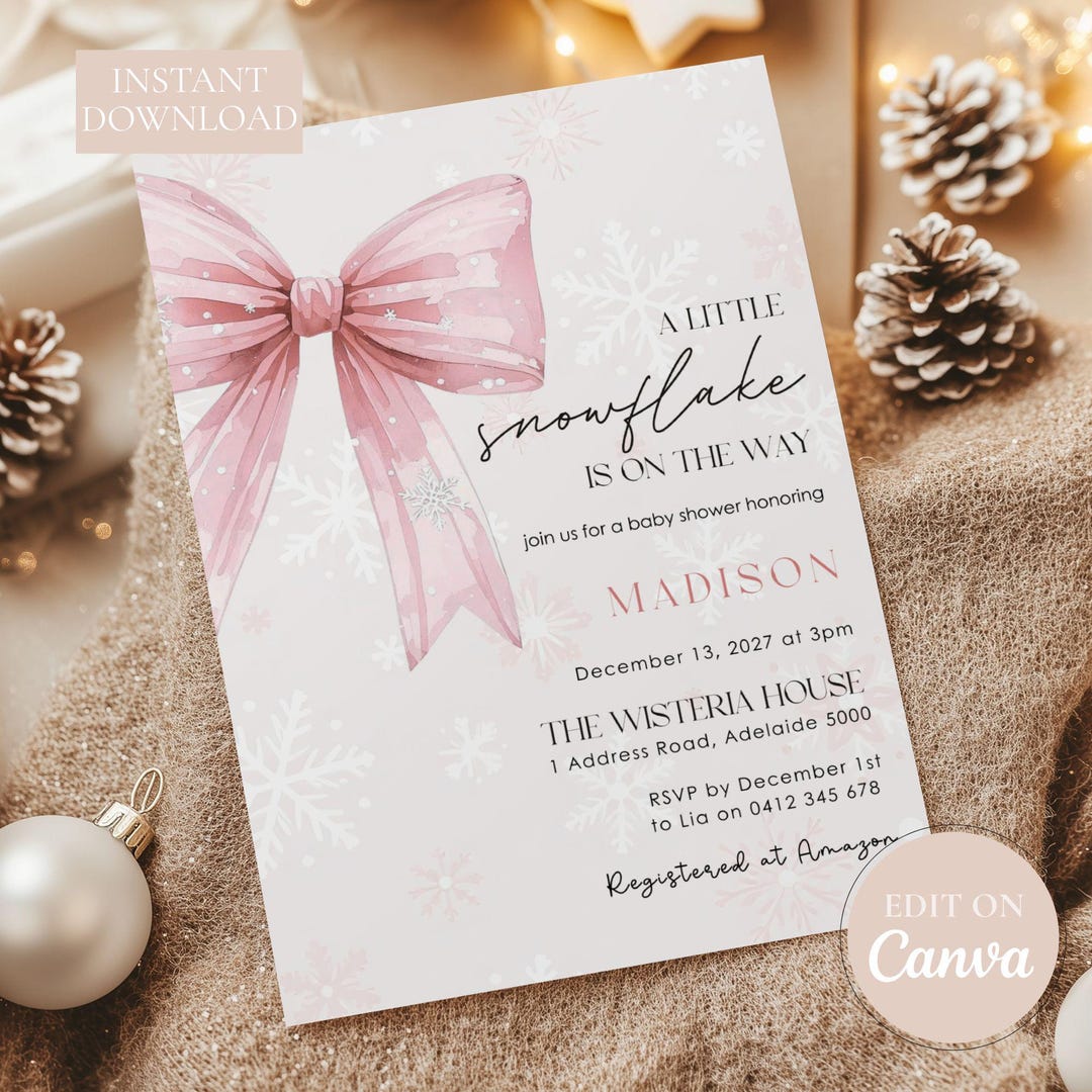 Pink Snowflake Christmas Baby Shower Invitation Winter Theme, Editable