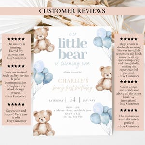 May include: A baby's first birthday invitation with a teddy bear theme. The invitation features a light blue color scheme with teddy bear illustrations, balloons, and the text "Our Little Bear is Turning One".