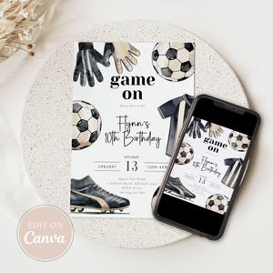May include: A soccer-themed birthday invitation with a white background. The design includes soccer balls, gloves, a jersey, and a soccer cleat. Text includes "Game On" and "Flynn's 10th Birthday". A smartphone displays the same invitation.