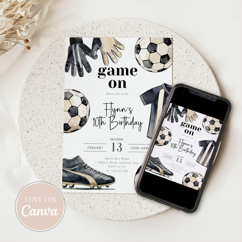 May include: A soccer-themed birthday invitation with a white background. The design includes soccer balls, gloves, a jersey, and a soccer cleat. Text includes "Game On" and "Flynn's 10th Birthday". A smartphone displays the same invitation.