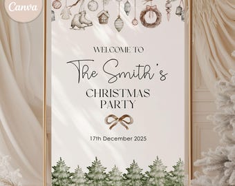 Rustic Christmas Welcome Sign: Editable Holiday Party Poster, Friendsmas Entrance Decor, Printable Canva Download
