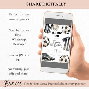 May include: A smartphone displays a digital invitation with a soccer theme. The invitation features soccer balls, gloves, a jersey, and a soccer cleat. Text on the invitation reads "game on" and "Flynn's 10th Birthday". The phone is held in a hand.