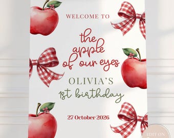 Letrero de bienvenida para primer cumpleaños "La Niña de Nuestros Ojos", plantilla editable de 45 x 60 cm, letrero rojo para fiesta de cumpleaños otoñal. Descarga instantánea.