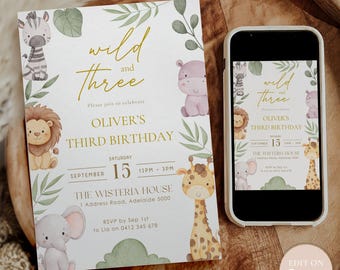 Invitation safari, sauvage et trois anniversaire, 3e anniversaire fête, invitation fête jungle, modèle de toile modifiable, troisième invitation
