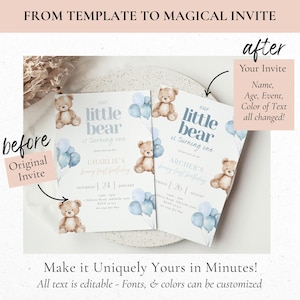 May include: Two invitation cards with a teddy bear theme. The cards feature watercolor illustrations of teddy bears and blue balloons. Text includes "our little bear is turning one" and customizable details for a birthday.
