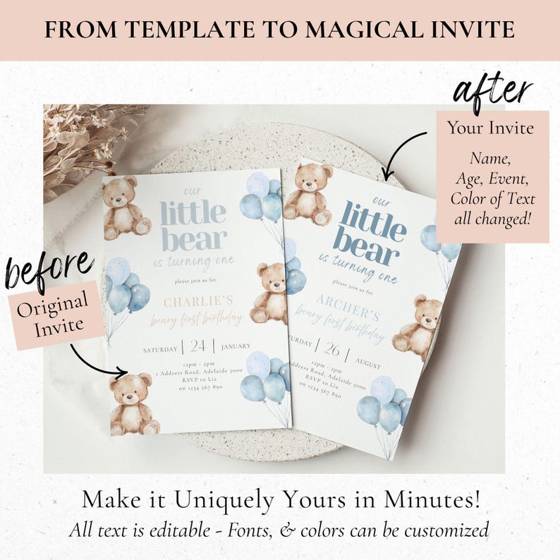 May include: Two invitation cards with a teddy bear theme. The cards feature watercolor illustrations of teddy bears and blue balloons. Text includes "our little bear is turning one" and customizable details for a birthday.