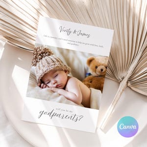 Plantilla editable para tarjeta de propuesta de padrino/madrina, "¿Serán mis padrinos?" imprimible, invitación minimalista para bautizo, descarga instantánea en Canva.